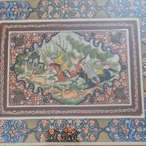 Gold Ornate Picture Frame with Black Mat and Blue Accent Art